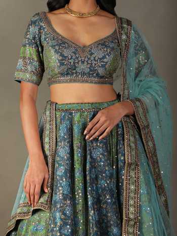 Shop RI.Ritu Kumar Blue Lehenga And Blouse 100% Silk Embellished Bougainvillea Botanic Print Set Online at Aza Fashions Shop_RI.Ritu Kumar_Blue Lehenga And Blouse 100% Silk Embellished Bougainvillea Botanic Print Set_Online_at_Aza_Fashions