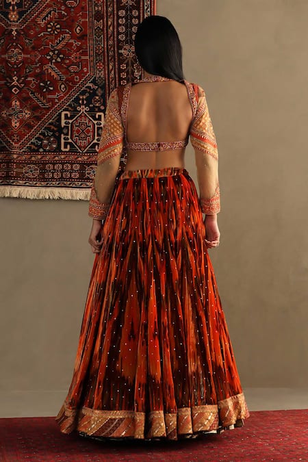 Shop RI.Ritu Kumar Orange Silk, Viscose Embroidery, Sequins Inika Geometric Print Lehenga Set at Aza Fashions Shop_RI.Ritu Kumar_Orange Silk, Viscose Embroidery, Sequins Inika Geometric Print Lehenga Set _at_Aza_Fashions