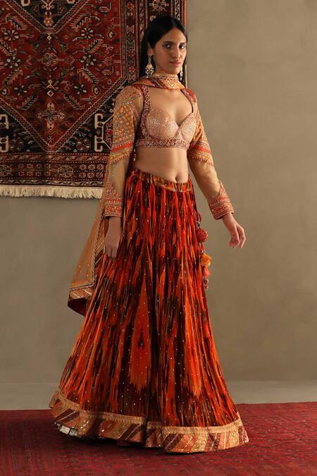 RI.Ritu Kumar Orange Silk, Viscose Embroidery, Sequins Inika Geometric Print Lehenga Set Online at Aza Fashions RI.Ritu Kumar_Orange Silk, Viscose Embroidery, Sequins Inika Geometric Print Lehenga Set _Online_at_Aza_Fashions