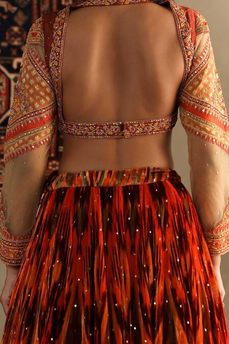 Shop RI.Ritu Kumar Orange Silk, Viscose Embroidery, Sequins Inika Geometric Print Lehenga Set Online at Aza Fashions Shop_RI.Ritu Kumar_Orange Silk, Viscose Embroidery, Sequins Inika Geometric Print Lehenga Set _Online_at_Aza_Fashions