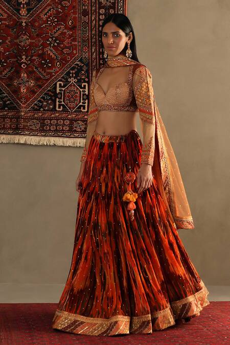 RI.Ritu Kumar Orange Silk, Viscose Embroidery, Sequins Inika Geometric Print Lehenga Set at Aza Fashions RI.Ritu Kumar_Orange Silk, Viscose Embroidery, Sequins Inika Geometric Print Lehenga Set _at_Aza_Fashions