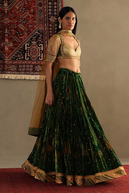 RI.Ritu Kumar_Gold Silk, Viscose Sequins, Embroidery Sweetheart Geometric Print Lehenga Set _Online_at_Aza_Fashions