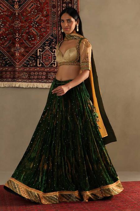 RI.Ritu Kumar_Gold Silk, Viscose Sequins, Embroidery Sweetheart Geometric Print Lehenga Set _at_Aza_Fashions