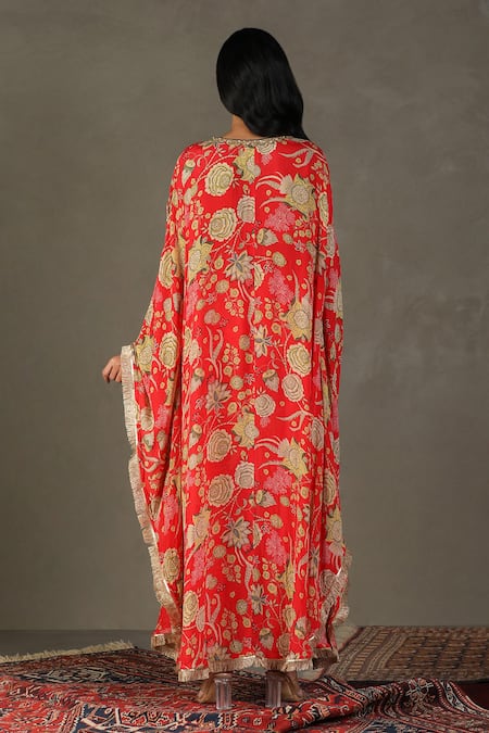Shop RI.Ritu Kumar Red Cape 100% Silk Printed Floral V Neck Pant Set at Aza Fashions Shop_RI.Ritu Kumar_Red Cape 100% Silk Printed Floral V Neck Pant Set _at_Aza_Fashions