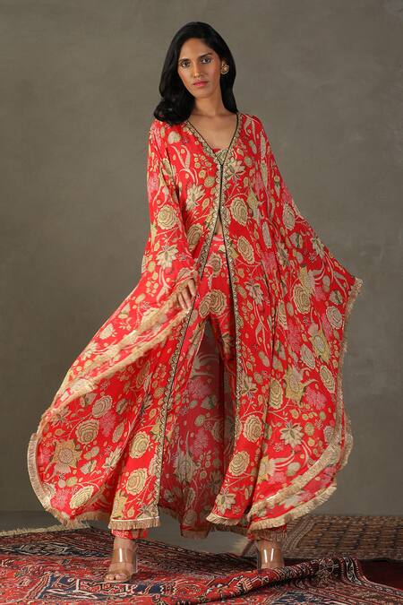 RI.Ritu Kumar Red Cape 100% Silk Printed Floral V Neck Pant Set Online at Aza Fashions RI.Ritu Kumar_Red Cape 100% Silk Printed Floral V Neck Pant Set _Online_at_Aza_Fashions