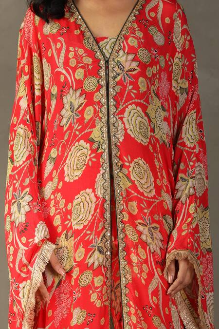 Buy RI.Ritu Kumar Red Cape 100% Silk Printed Floral V Neck Pant Set Online at Aza Fashions Buy_RI.Ritu Kumar_Red Cape 100% Silk Printed Floral V Neck Pant Set _Online_at_Aza_Fashions