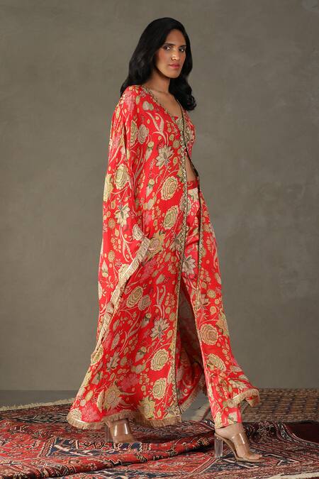Shop RI.Ritu Kumar Red Cape 100% Silk Printed Floral V Neck Pant Set Online at Aza Fashions Shop_RI.Ritu Kumar_Red Cape 100% Silk Printed Floral V Neck Pant Set _Online_at_Aza_Fashions