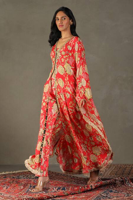 RI.Ritu Kumar Red Cape 100% Silk Printed Floral V Neck Pant Set at Aza Fashions RI.Ritu Kumar_Red Cape 100% Silk Printed Floral V Neck Pant Set _at_Aza_Fashions