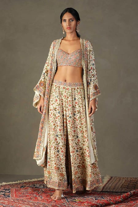 RI.Ritu Kumar Multi Color Cape 100% Silk Printed Flower Cape Open Pintado Palazzo Set 