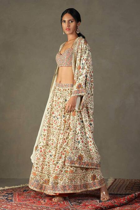 RI.Ritu Kumar_Multi Color Silk, Viscose Embroidery, Pintado Flower Print Cape Palazzo Set _Online_at_Aza_Fashions