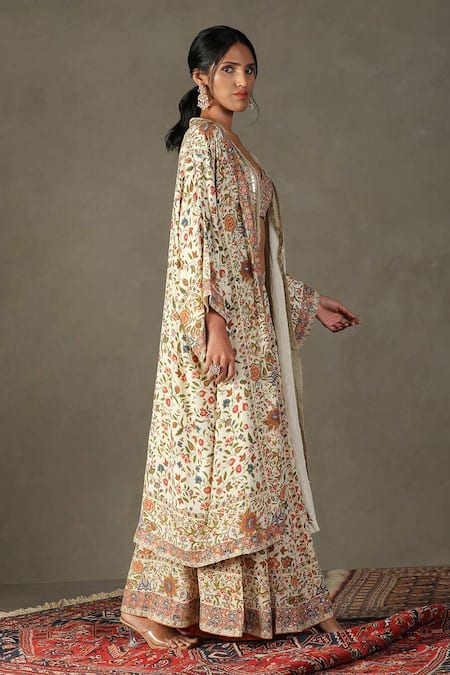 Buy_RI.Ritu Kumar_Multi Color Silk, Viscose Embroidery, Pintado Flower Print Cape Palazzo Set _Online_at_Aza_Fashions