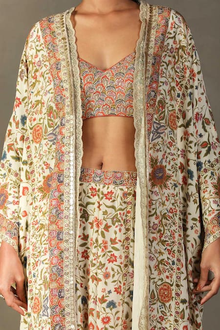 Shop_RI.Ritu Kumar_Multi Color Silk, Viscose Embroidery, Pintado Flower Print Cape Palazzo Set _Online_at_Aza_Fashions