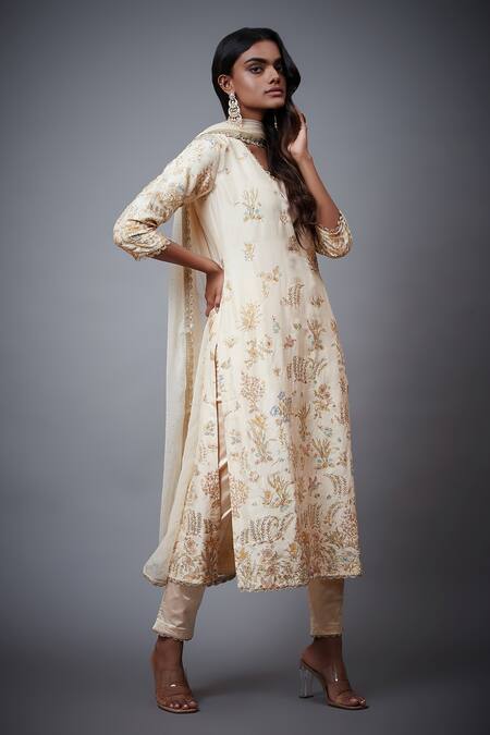 Buy_RI.Ritu Kumar_Ivory Kurta 100% Silk Printed Tropical V Neck Embroidered Set_Online_at_Aza_Fashions