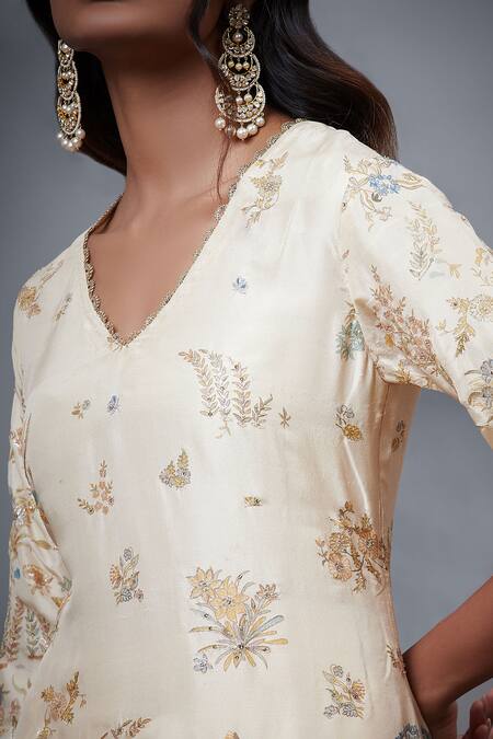 Shop_RI.Ritu Kumar_Ivory Kurta 100% Silk Printed Tropical V Neck Embroidered Set_Online_at_Aza_Fashions