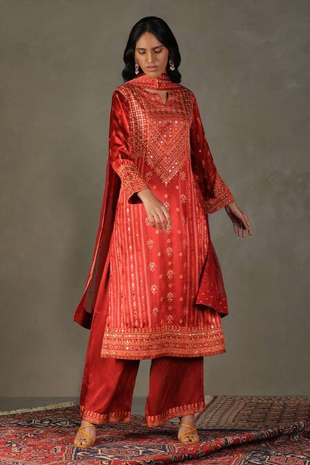 Shop_RI.Ritu Kumar_Red Kurta Shell 100% Silk Printed Geometric Notched Darpan Palazzo Set_Online_at_Aza_Fashions