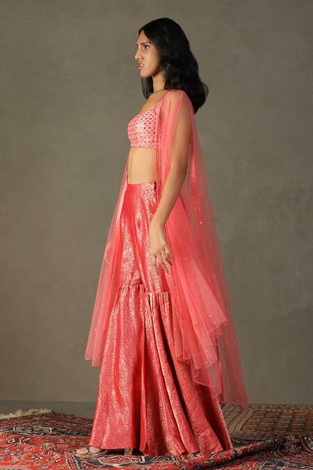 RI.Ritu Kumar Pink Blouse Shell 100% Silk Embroidery Sequin Cape Open Darpan Gharara Set Online at Aza Fashions RI.Ritu Kumar_Pink Blouse Shell 100% Silk Embroidery Sequin Cape Open Darpan Gharara Set _Online_at_Aza_Fashions