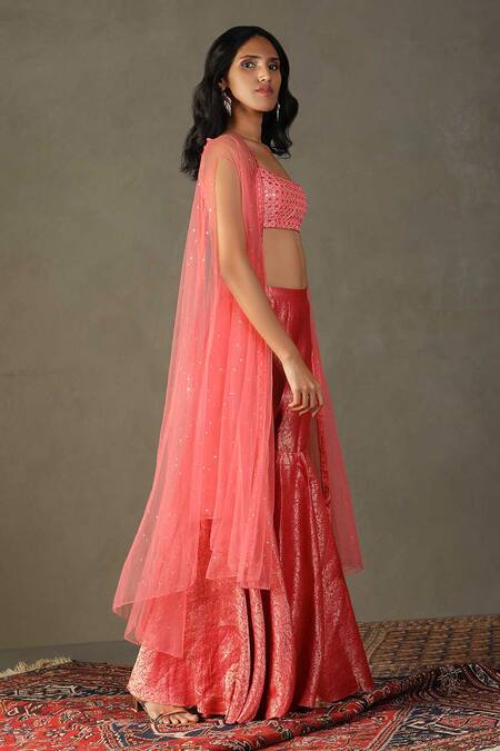 Buy RI.Ritu Kumar Pink Blouse Shell 100% Silk Embroidery Sequin Cape Open Darpan Gharara Set Online at Aza Fashions Buy_RI.Ritu Kumar_Pink Blouse Shell 100% Silk Embroidery Sequin Cape Open Darpan Gharara Set _Online_at_Aza_Fashions