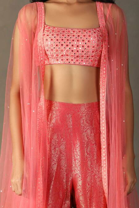 Shop RI.Ritu Kumar Pink Blouse Shell 100% Silk Embroidery Sequin Cape Open Darpan Gharara Set Online at Aza Fashions Shop_RI.Ritu Kumar_Pink Blouse Shell 100% Silk Embroidery Sequin Cape Open Darpan Gharara Set _Online_at_Aza_Fashions