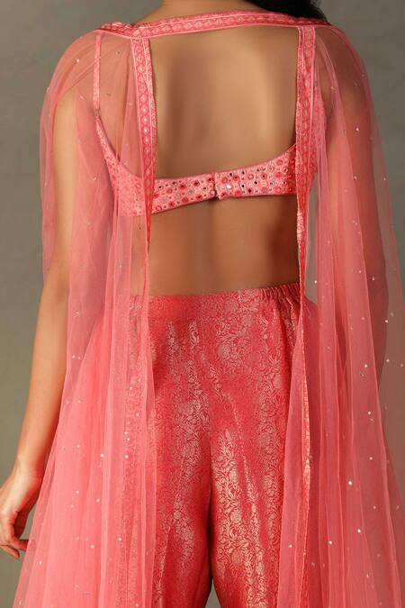 RI.Ritu Kumar Pink Blouse Shell 100% Silk Embroidery Sequin Cape Open Darpan Gharara Set at Aza Fashions RI.Ritu Kumar_Pink Blouse Shell 100% Silk Embroidery Sequin Cape Open Darpan Gharara Set _at_Aza_Fashions