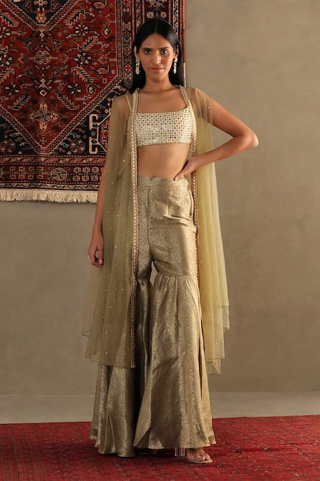 RI.Ritu Kumar Gold Blouse Shell 100% Silk Embroidery Darpan Work Gharara Set 
