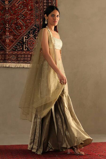 RI.Ritu Kumar Gold Blouse Shell 100% Silk Embroidery Sequin Cape Darpan Work Gharara Set Online at Aza Fashions RI.Ritu Kumar_Gold Blouse Shell 100% Silk Embroidery Sequin Cape Darpan Work Gharara Set _Online_at_Aza_Fashions