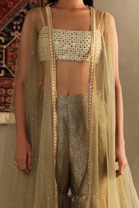 Buy RI.Ritu Kumar Gold Blouse Shell 100% Silk Embroidery Sequin Cape Darpan Work Gharara Set Online at Aza Fashions Buy_RI.Ritu Kumar_Gold Blouse Shell 100% Silk Embroidery Sequin Cape Darpan Work Gharara Set _Online_at_Aza_Fashions