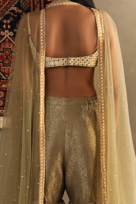 Shop RI.Ritu Kumar Gold Blouse Shell 100% Silk Embroidery Sequin Cape Darpan Work Gharara Set Online at Aza Fashions Shop_RI.Ritu Kumar_Gold Blouse Shell 100% Silk Embroidery Sequin Cape Darpan Work Gharara Set _Online_at_Aza_Fashions