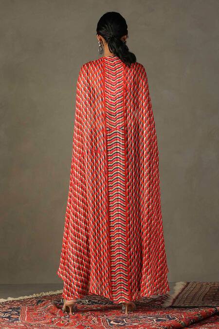 Shop RI.Ritu Kumar Red Cape 100% Viscose Printed Kaleidoscope Cape Open Pant Set at Aza Fashions Shop_RI.Ritu Kumar_Red Cape 100% Viscose Printed Kaleidoscope Cape Open Pant Set _at_Aza_Fashions