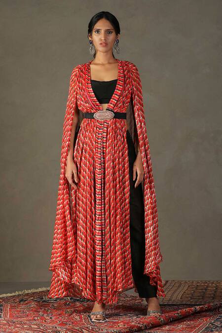 RI.Ritu Kumar Red Cape 100% Viscose Printed Kaleidoscope Cape Open Pant Set Online at Aza Fashions RI.Ritu Kumar_Red Cape 100% Viscose Printed Kaleidoscope Cape Open Pant Set _Online_at_Aza_Fashions