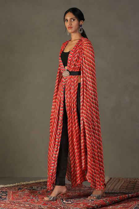 Buy RI.Ritu Kumar Red Cape 100% Viscose Printed Kaleidoscope Cape Open Pant Set Online at Aza Fashions Buy_RI.Ritu Kumar_Red Cape 100% Viscose Printed Kaleidoscope Cape Open Pant Set _Online_at_Aza_Fashions