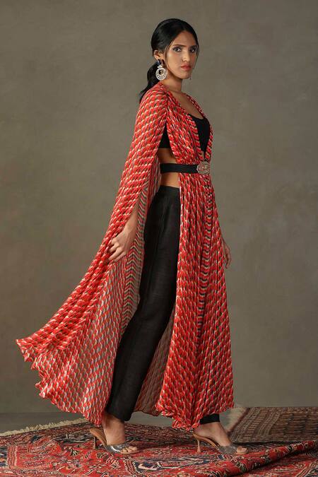 Shop RI.Ritu Kumar Red Cape 100% Viscose Printed Kaleidoscope Cape Open Pant Set Online at Aza Fashions Shop_RI.Ritu Kumar_Red Cape 100% Viscose Printed Kaleidoscope Cape Open Pant Set _Online_at_Aza_Fashions