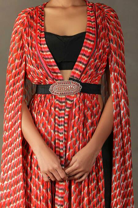 RI.Ritu Kumar Red Cape 100% Viscose Printed Kaleidoscope Cape Open Pant Set at Aza Fashions RI.Ritu Kumar_Red Cape 100% Viscose Printed Kaleidoscope Cape Open Pant Set _at_Aza_Fashions