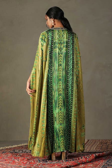 Shop RI.Ritu Kumar Green Cape 100% Viscose Printed Geometric Cape Open Inika Chevron Skirt Set at Aza Fashions Shop_RI.Ritu Kumar_Green Cape 100% Viscose Printed Geometric Cape Open Inika Chevron Skirt Set _at_Aza_Fashions