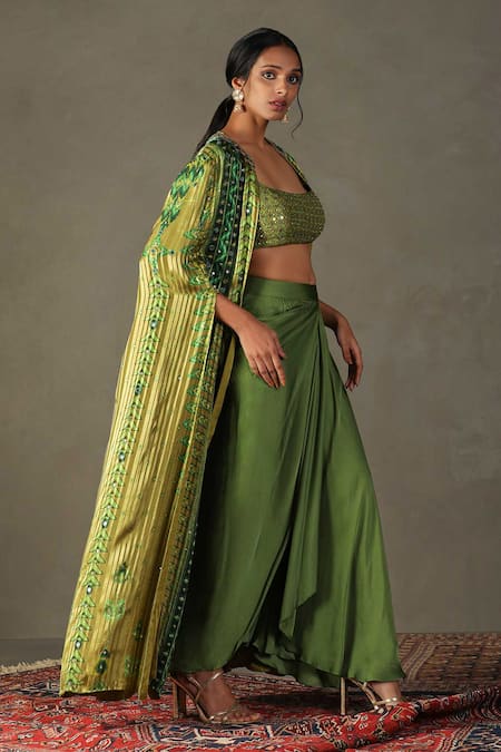 Shop RI.Ritu Kumar Green Cape 100% Viscose Printed Geometric Cape Open Inika Chevron Skirt Set Online at Aza Fashions Shop_RI.Ritu Kumar_Green Cape 100% Viscose Printed Geometric Cape Open Inika Chevron Skirt Set _Online_at_Aza_Fashions