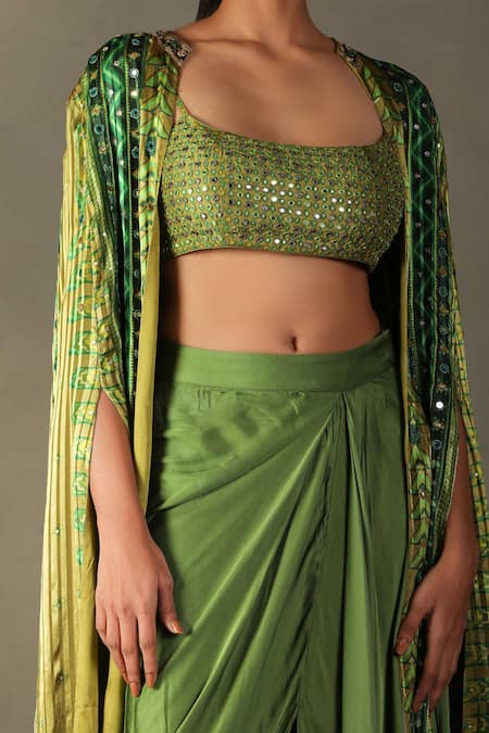 RI.Ritu Kumar Green Cape 100% Viscose Printed Geometric Cape Open Inika Chevron Skirt Set at Aza Fashions RI.Ritu Kumar_Green Cape 100% Viscose Printed Geometric Cape Open Inika Chevron Skirt Set _at_Aza_Fashions