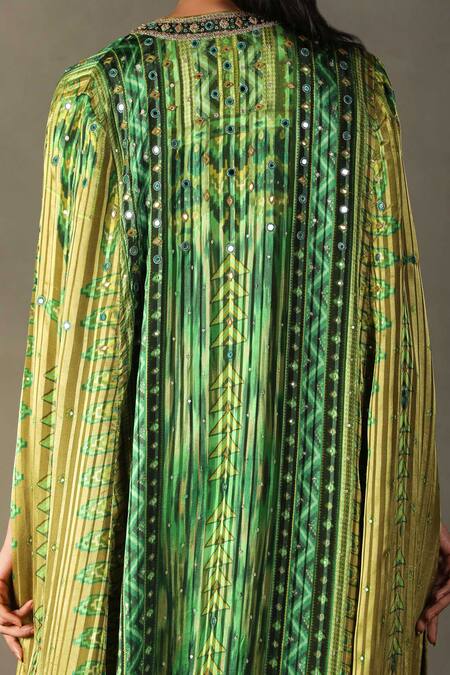 Buy RI.Ritu Kumar Green Cape 100% Viscose Printed Geometric Cape Open Inika Chevron Skirt Set Buy_RI.Ritu Kumar_Green Cape 100% Viscose Printed Geometric Cape Open Inika Chevron Skirt Set
