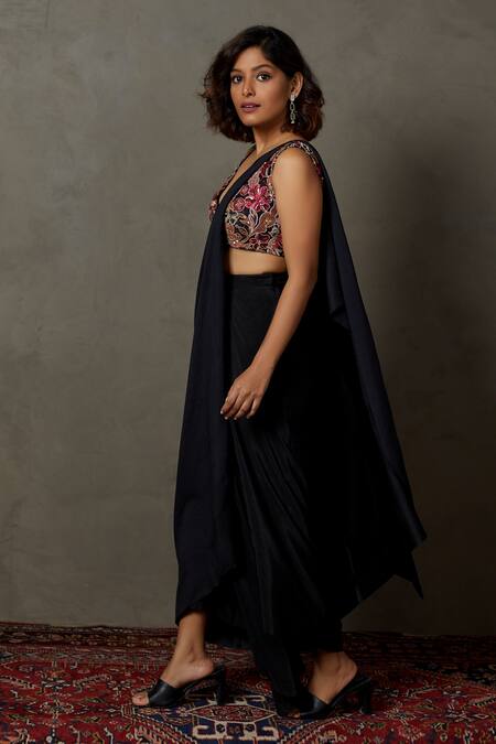RI.Ritu Kumar Black Skirt 100% Viscose Embroidery Thread Plunge V Adenia Blouse Draped Set Online at Aza Fashions RI.Ritu Kumar_Black Skirt 100% Viscose Embroidery Thread Plunge V Adenia Blouse Draped Set_Online_at_Aza_Fashions