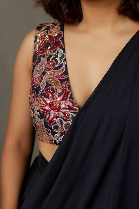 Shop RI.Ritu Kumar Black Skirt 100% Viscose Embroidery Thread Plunge V Adenia Blouse Draped Set Online at Aza Fashions Shop_RI.Ritu Kumar_Black Skirt 100% Viscose Embroidery Thread Plunge V Adenia Blouse Draped Set_Online_at_Aza_Fashions