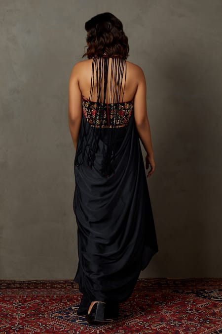 Shop RI.Ritu Kumar Black 100% Viscose Embroidery Thread Band Wild Flower Blouse Draped Skirt Set at Aza Fashions Shop_RI.Ritu Kumar_Black 100% Viscose Embroidery Thread Band Wild Flower Blouse Draped Skirt Set _at_Aza_Fashions