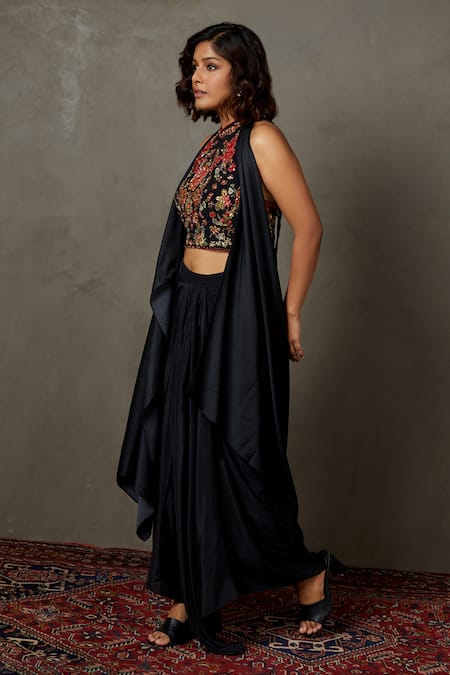 RI.Ritu Kumar Black 100% Viscose Embroidery Thread Band Wild Flower Blouse Draped Skirt Set Online at Aza Fashions RI.Ritu Kumar_Black 100% Viscose Embroidery Thread Band Wild Flower Blouse Draped Skirt Set _Online_at_Aza_Fashions