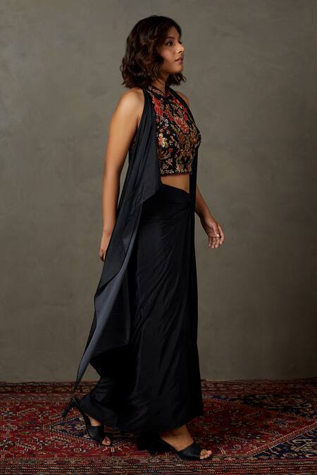 Buy RI.Ritu Kumar Black 100% Viscose Embroidery Thread Band Wild Flower Blouse Draped Skirt Set Online at Aza Fashions Buy_RI.Ritu Kumar_Black 100% Viscose Embroidery Thread Band Wild Flower Blouse Draped Skirt Set _Online_at_Aza_Fashions