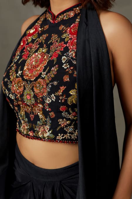 Shop RI.Ritu Kumar Black 100% Viscose Embroidery Thread Band Wild Flower Blouse Draped Skirt Set Online at Aza Fashions Shop_RI.Ritu Kumar_Black 100% Viscose Embroidery Thread Band Wild Flower Blouse Draped Skirt Set _Online_at_Aza_Fashions