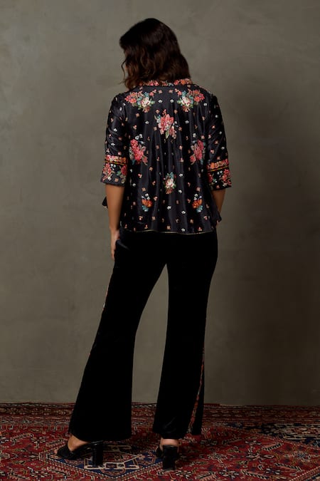 Shop RI.Ritu Kumar Black 100% Viscose Embroidered Flower V Neck Wild Top With Pant at Aza Fashions Shop_RI.Ritu Kumar_Black 100% Viscose Embroidered Flower V Neck Wild Top With Pant _at_Aza_Fashions