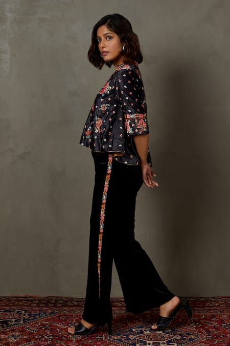Buy RI.Ritu Kumar Black 100% Viscose Embroidered Flower V Neck Wild Top With Pant Online at Aza Fashions Buy_RI.Ritu Kumar_Black 100% Viscose Embroidered Flower V Neck Wild Top With Pant _Online_at_Aza_Fashions