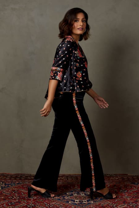Shop RI.Ritu Kumar Black 100% Viscose Embroidered Flower V Neck Wild Top With Pant Online at Aza Fashions Shop_RI.Ritu Kumar_Black 100% Viscose Embroidered Flower V Neck Wild Top With Pant _Online_at_Aza_Fashions