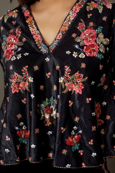 Buy RI.Ritu Kumar Black 100% Viscose Embroidered Flower V Neck Wild Top With Pant Buy_RI.Ritu Kumar_Black 100% Viscose Embroidered Flower V Neck Wild Top With Pant