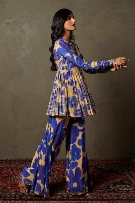 RI.Ritu Kumar Purple Kurta- 100% Silk Printed Floral Round Band Delphi Peplum And Palazzo Set Online at Aza Fashions RI.Ritu Kumar_Purple Kurta- 100% Silk Printed Floral Round Band Delphi Peplum And Palazzo Set_Online_at_Aza_Fashions