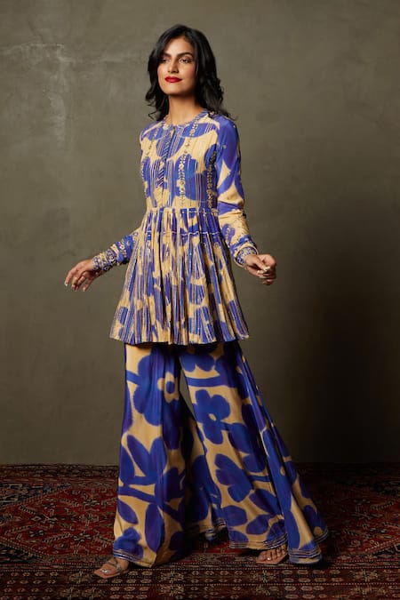 Buy RI.Ritu Kumar Purple Kurta- 100% Silk Printed Floral Round Band Delphi Peplum And Palazzo Set Online at Aza Fashions Buy_RI.Ritu Kumar_Purple Kurta- 100% Silk Printed Floral Round Band Delphi Peplum And Palazzo Set_Online_at_Aza_Fashions