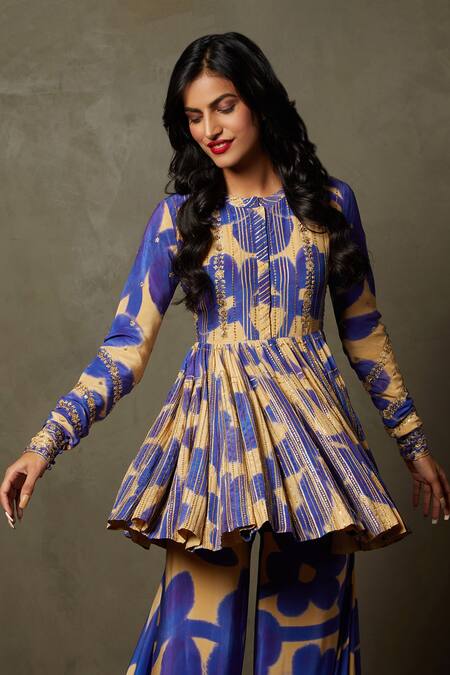 Shop RI.Ritu Kumar Purple Kurta- 100% Silk Printed Floral Round Band Delphi Peplum And Palazzo Set Online at Aza Fashions Shop_RI.Ritu Kumar_Purple Kurta- 100% Silk Printed Floral Round Band Delphi Peplum And Palazzo Set_Online_at_Aza_Fashions