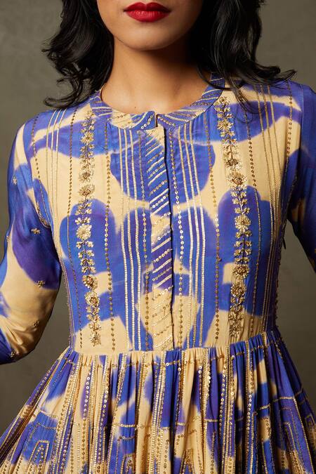 RI.Ritu Kumar Purple Kurta- 100% Silk Printed Floral Round Band Delphi Peplum And Palazzo Set at Aza Fashions RI.Ritu Kumar_Purple Kurta- 100% Silk Printed Floral Round Band Delphi Peplum And Palazzo Set_at_Aza_Fashions